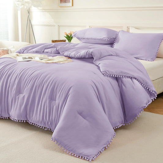 Litanika Lavender Comforter Set with Pom Pom Accents