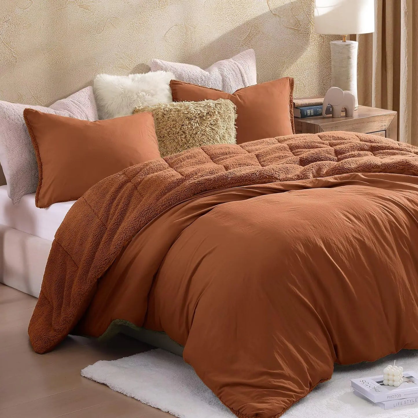KINGLY Orange Sherpa-Fleece Comforter Set