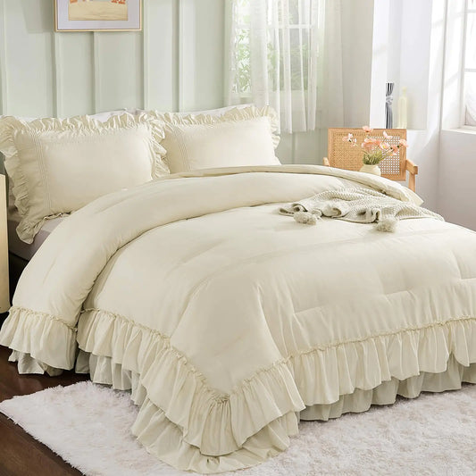 Beige Ruffle Queen Comforter Set with Pillowcases